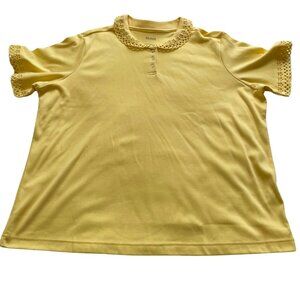 Blair Womens Shirt Top Tee Yellow XL Lace Style collar sleeves